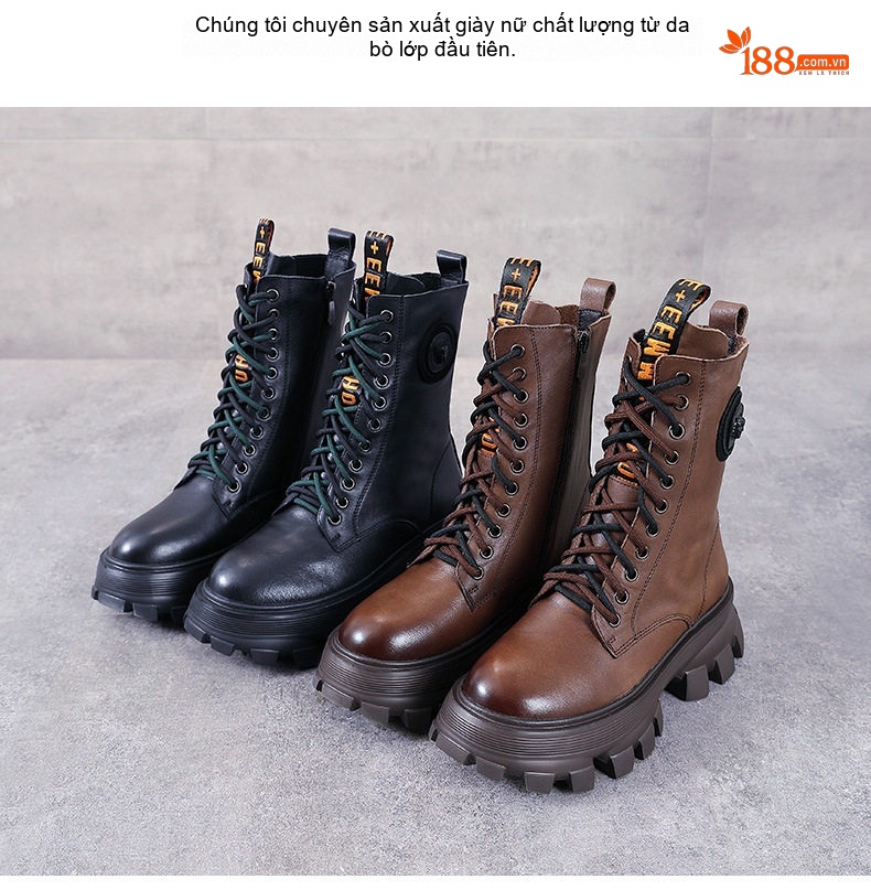 Boot Martin Nữ Da Bò Đế Cao Gót Dày Khoảng 5cm Khóa Kéo Bên Hông Màu Đen, Nâu chi tiết 2
