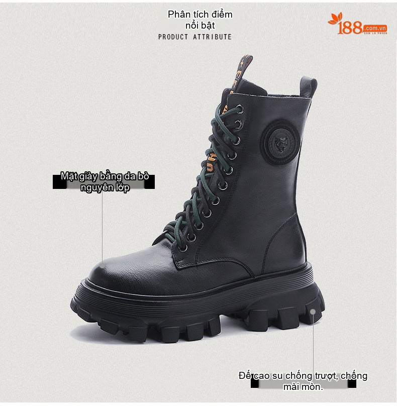 Boot Martin Nữ Da Bò Đế Cao Gót Dày Khoảng 5cm Khóa Kéo Bên Hông Màu Đen, Nâu chi tiết 3