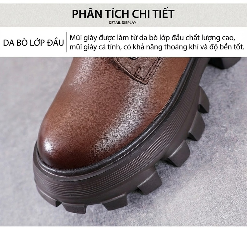 Boot Martin Nữ Da Bò Đế Cao Gót Dày Khoảng 5cm Khóa Kéo Bên Hông Màu Đen, Nâu chi tiết 4