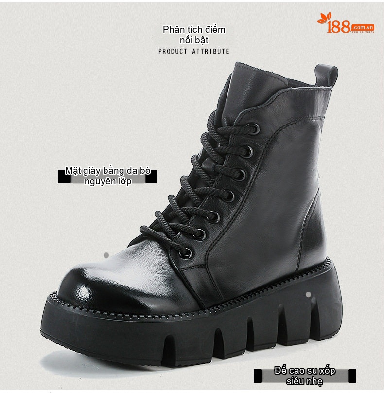 Boot Martin Nữ Da Bò Đế Dày Chiều Cao Đế Khoảng 5cm Màu Nâu, Đen chi tiết 3