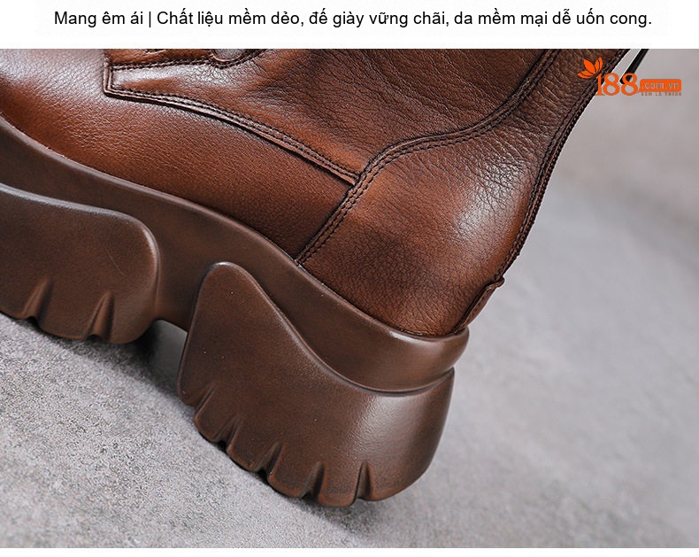 Boot Martin Nữ Da Bò Đế Dày Chiều Cao Đế Khoảng 6cm Khóa Kéo Phong Cách Anh Quốc Màu Đen, Nâu chi tiết 8