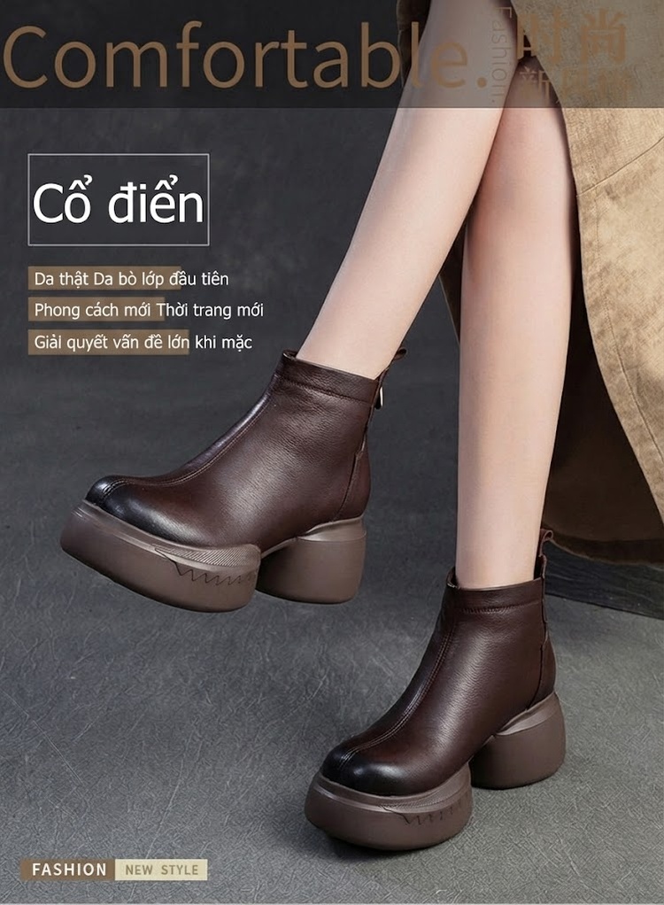 Boot Martin Nữ Da Bò Đế Dày Phong Cách Mới Chiều Cao Đế Khoảng 6cm Màu Đen, Nâu chi tiết 1