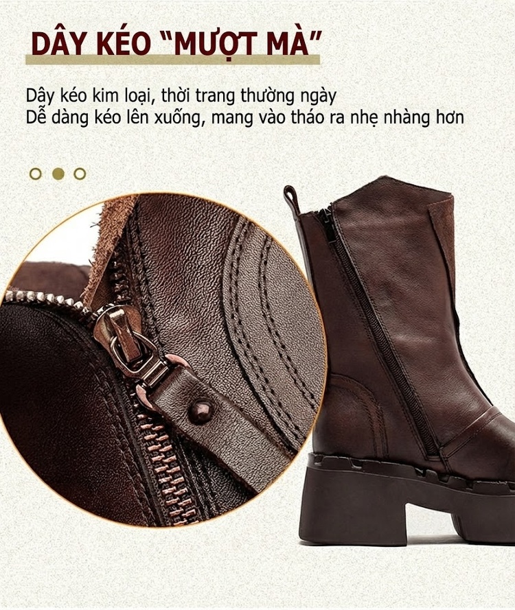 Boot Martin Nữ Da Bò Khóa Bên Hông Chiều Cao Đế Khoảng 5cm Phong Cách Retro Màu Đen, Nâu chi tiết 7