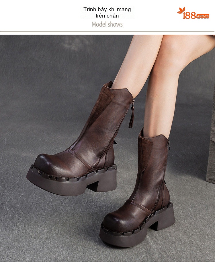 Boot Martin Nữ Da Bò Khóa Bên Hông Chiều Cao Đế Khoảng 5cm Phong Cách Retro Màu Đen, Nâu chi tiết 8