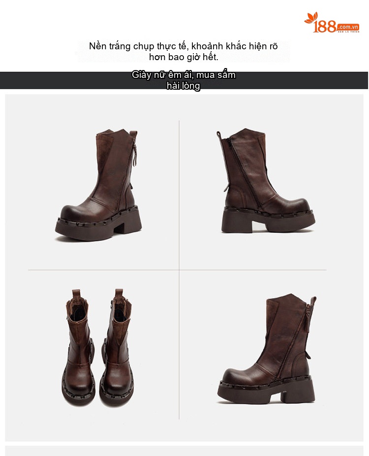 Boot Martin Nữ Da Bò Khóa Bên Hông Chiều Cao Đế Khoảng 5cm Phong Cách Retro Màu Đen, Nâu chi tiết 17