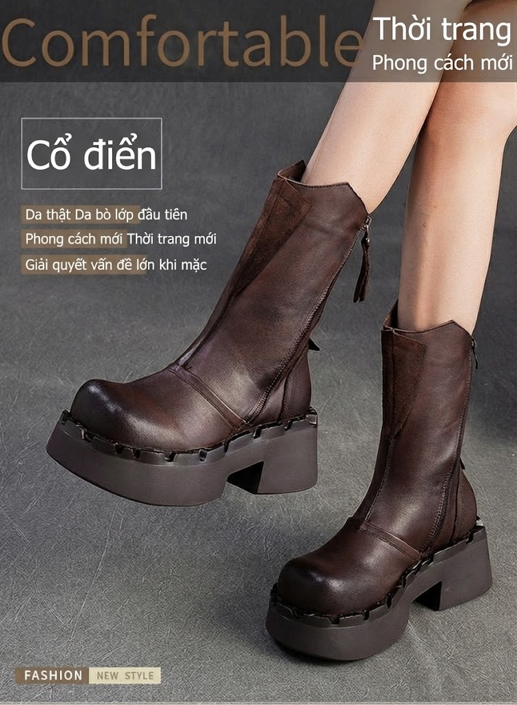 Boot Martin Nữ Da Bò Khóa Bên Hông Chiều Cao Đế Khoảng 5cm Phong Cách Retro Màu Đen, Nâu chi tiết 2