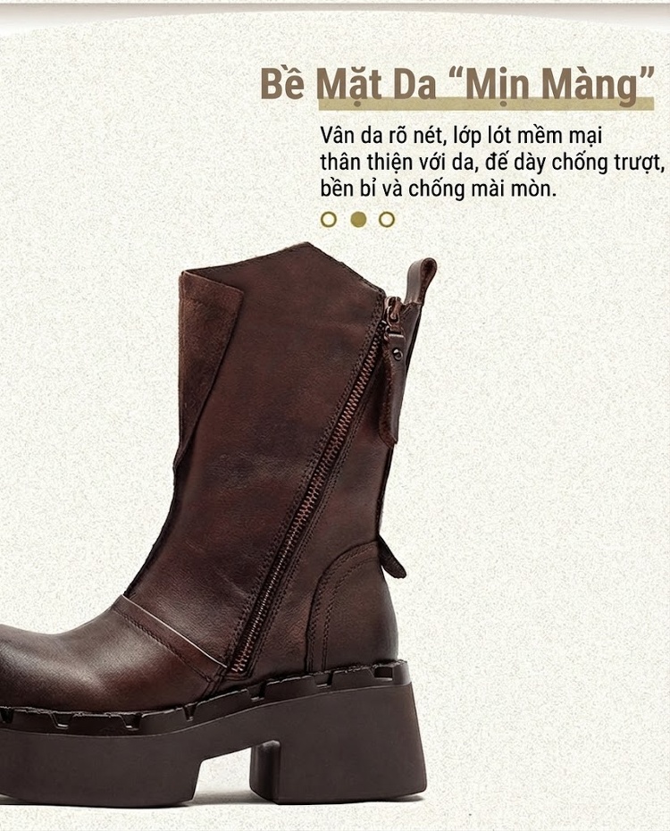 Boot Martin Nữ Da Bò Khóa Bên Hông Chiều Cao Đế Khoảng 5cm Phong Cách Retro Màu Đen, Nâu chi tiết 3