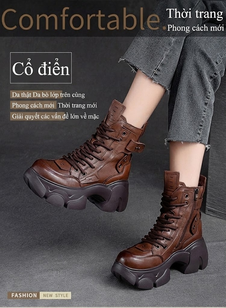 Boot Martin Nữ Da Bò Lót Lông Giữ Ấm Chiều Cao Đế Khoảng 6cm Màu Đen, Nâu chi tiết 2