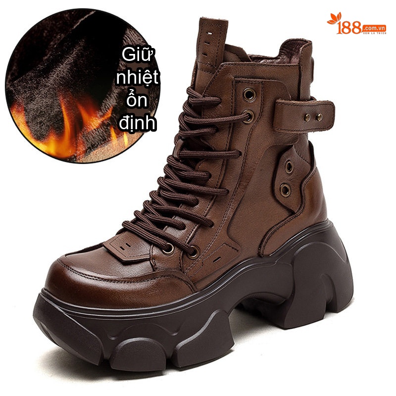 Boot Martin Nữ Da Bò Lót Lông Giữ Ấm Chiều Cao Đế Khoảng 6cm Màu Đen, Nâu