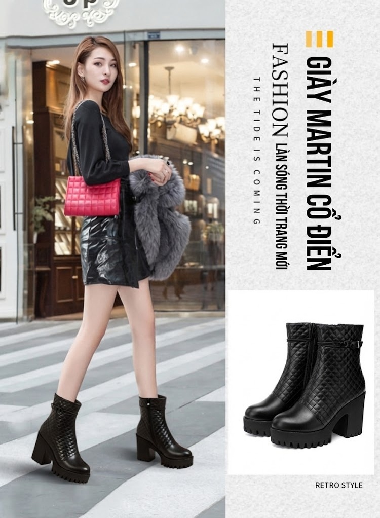 Boot Martin Nữ Da Bò Mềm Chiều Cao Đế Khoảng 8cm Màu Đen chi tiết 1