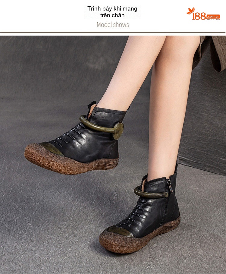 Boot Martin Nữ Da Bò Mềm Mại Đế Bệt Chiều Cao Đế Khoảng 2cm Màu Đen, Nâu chi tiết 9