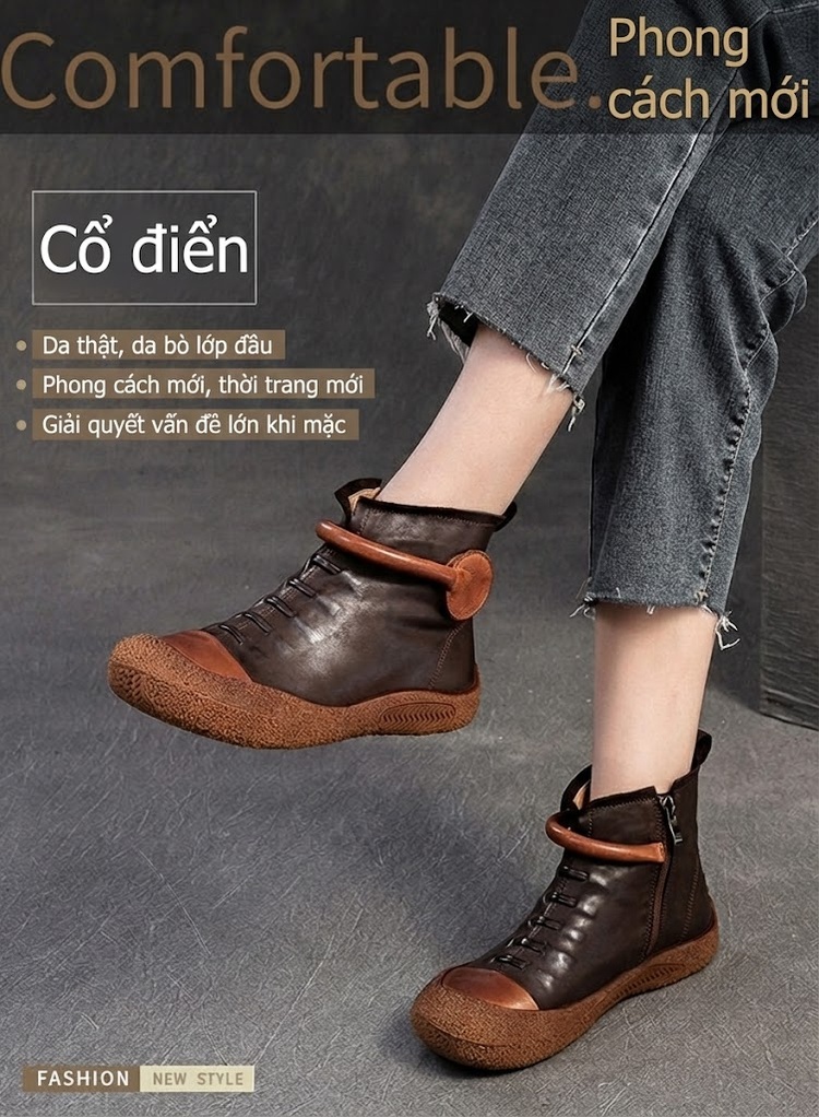 Boot Martin Nữ Da Bò Mềm Mại Đế Bệt Chiều Cao Đế Khoảng 2cm Màu Đen, Nâu chi tiết 2