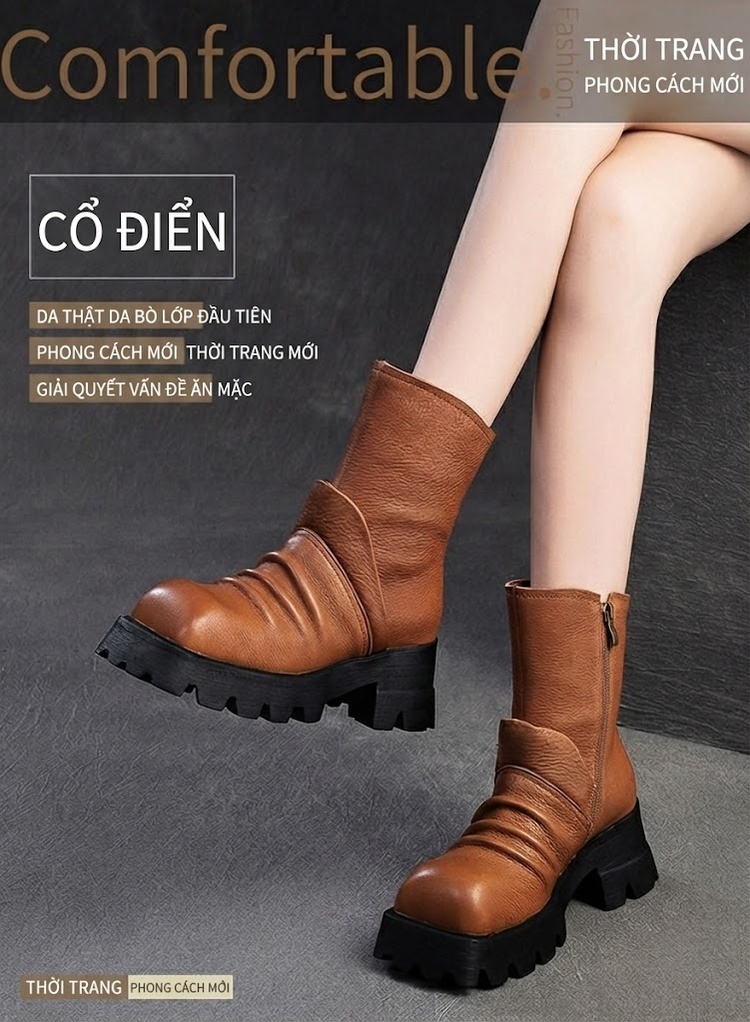 Boot Martin Nữ Da Bò Mũi Vuông Đế Dày Phong Cách Casual Chiều Cao Đế Khoảng 5cm Màu Đen, Nâu chi tiết 1