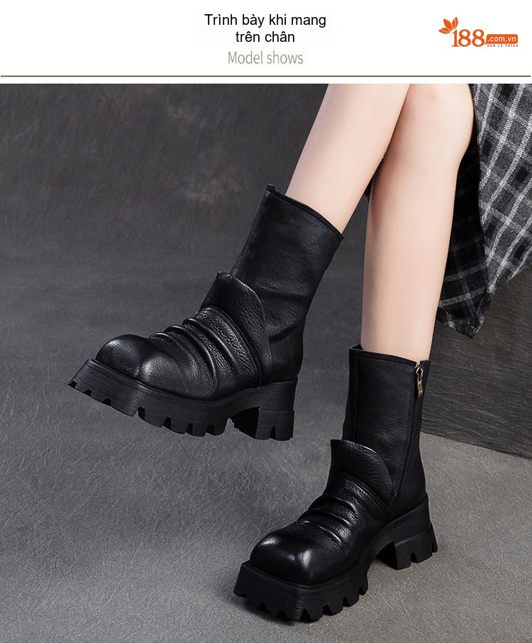 Boot Martin Nữ Da Bò Mũi Vuông Đế Dày Phong Cách Casual Chiều Cao Đế Khoảng 5cm Màu Đen, Nâu chi tiết 8