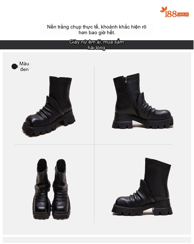 Boot Martin Nữ Da Bò Mũi Vuông Đế Dày Phong Cách Casual Chiều Cao Đế Khoảng 5cm Màu Đen, Nâu chi tiết 17