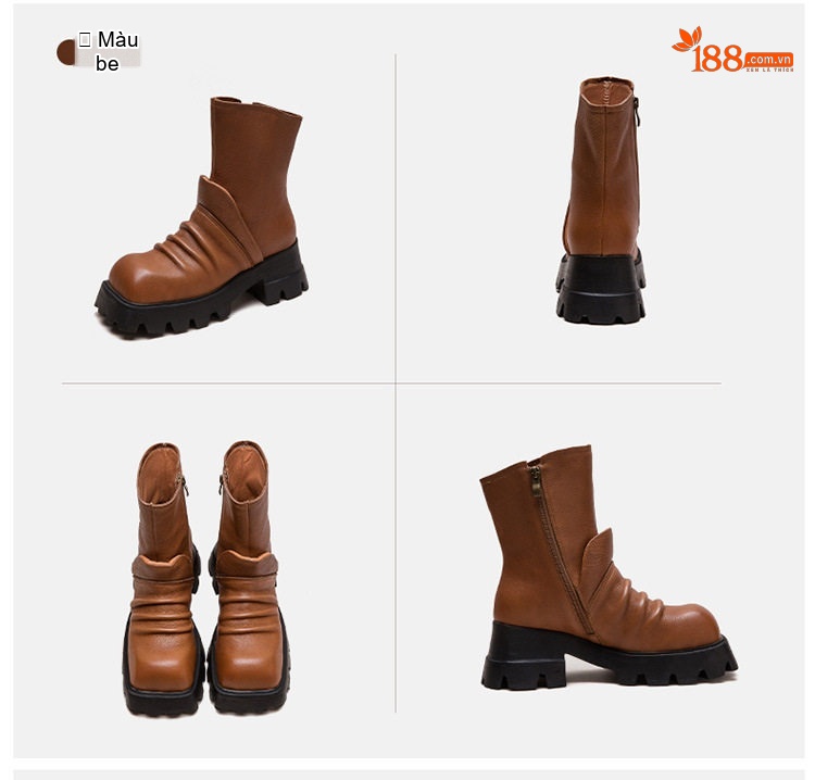 Boot Martin Nữ Da Bò Mũi Vuông Đế Dày Phong Cách Casual Chiều Cao Đế Khoảng 5cm Màu Đen, Nâu chi tiết 18
