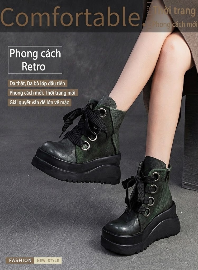 Boot Martin Nữ Da Bò Thiết Kế Dây Ruy Băng Chiều Cao Đế Khoảng 6cm Màu Đen, Nâu, Xanh chi tiết 1