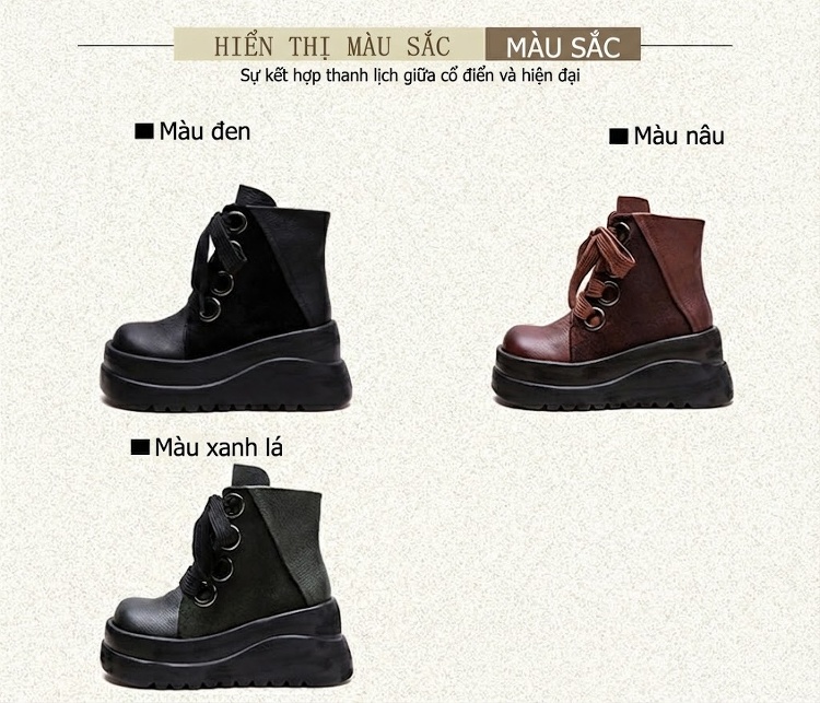 Boot Martin Nữ Da Bò Thiết Kế Dây Ruy Băng Chiều Cao Đế Khoảng 6cm Màu Đen, Nâu, Xanh chi tiết 2