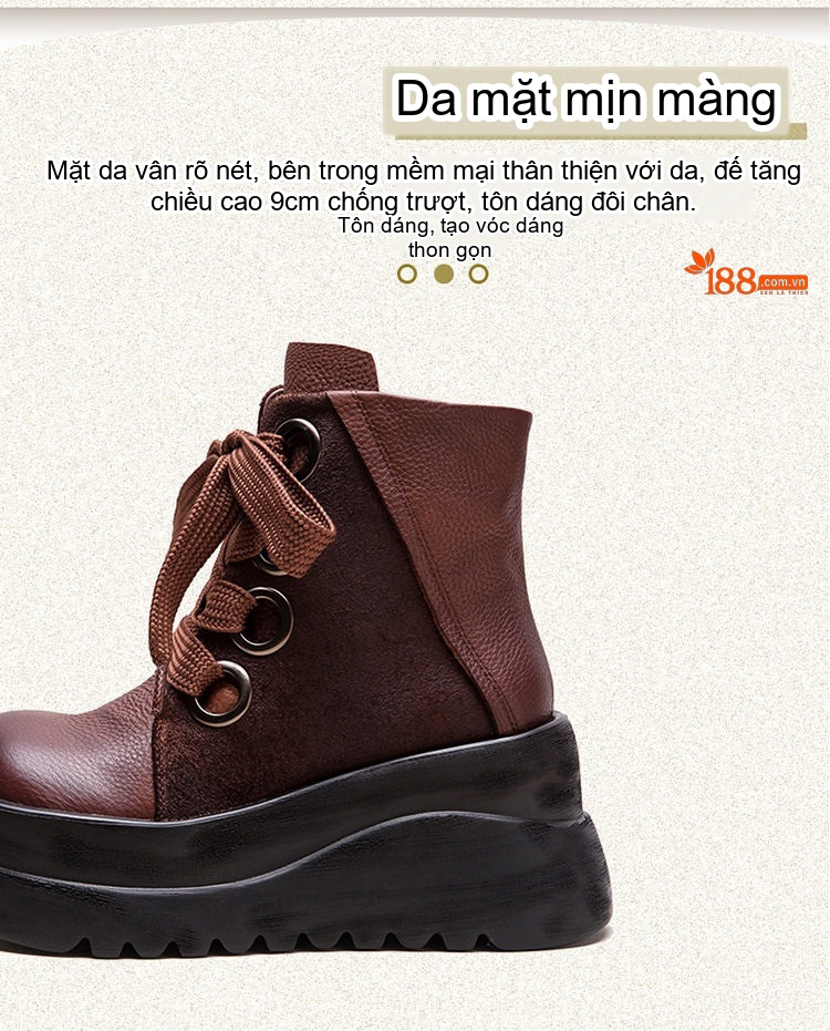 Boot Martin Nữ Da Bò Thiết Kế Dây Ruy Băng Chiều Cao Đế Khoảng 6cm Màu Đen, Nâu, Xanh chi tiết 3