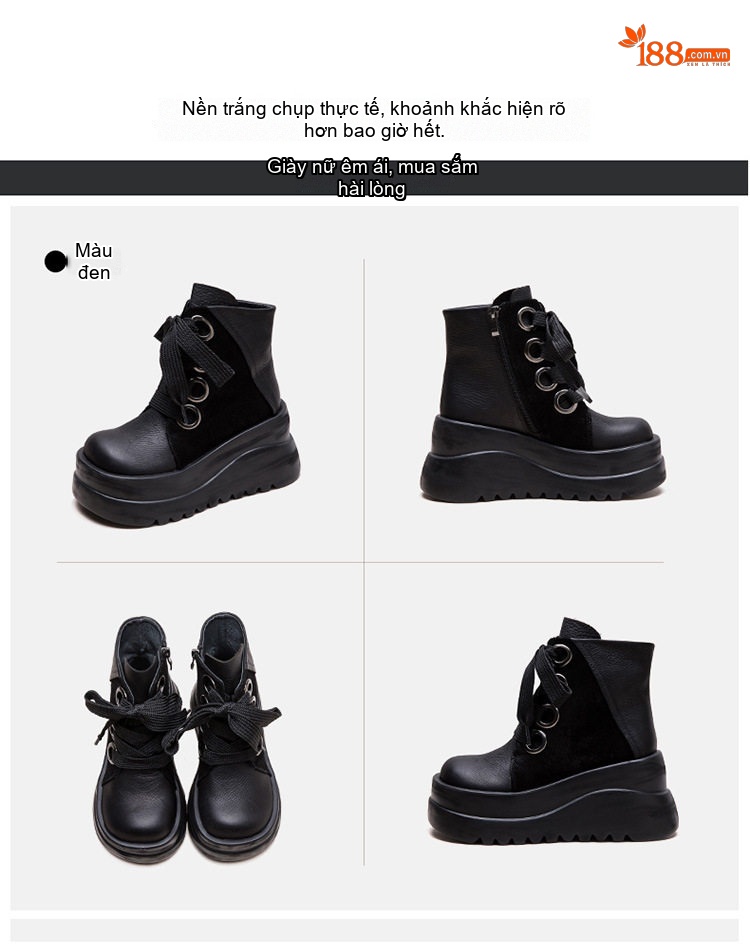 Boot Martin Nữ Da Bò Thiết Kế Dây Ruy Băng Chiều Cao Đế Khoảng 6cm Màu Đen, Nâu, Xanh chi tiết 17