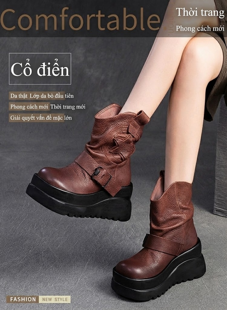 Boot Martin Nữ Da Mờ Chiều Cao Đế Khoảng 6cm Phong Cách Anh Quốc Màu Đen, Nâu chi tiết 1