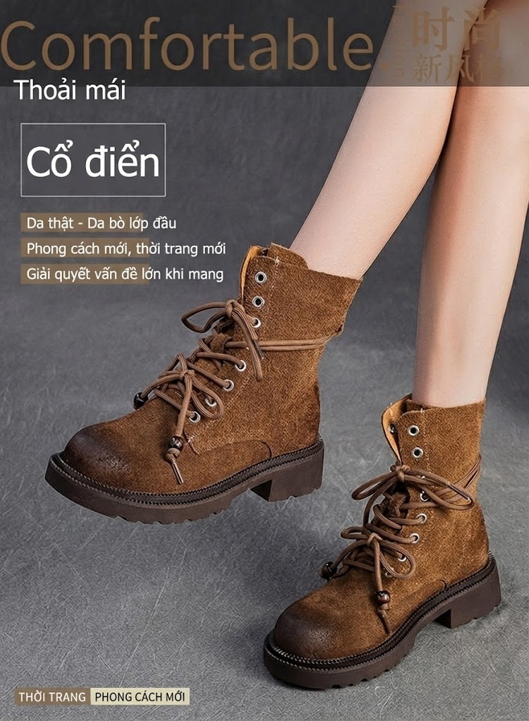 Boot Martin Nữ Da Mờ Cổ Cao Buộc Dây Chiều Cao Đế Khoảng 3cm Màu Nâu, Vàng chi tiết 1