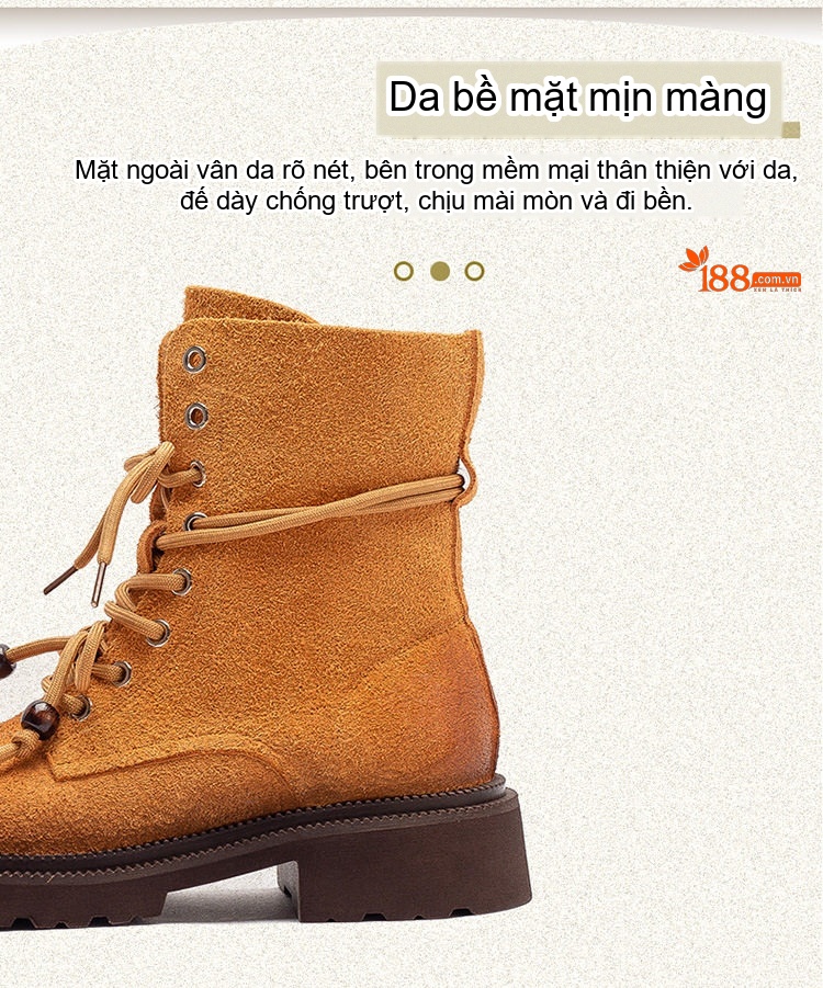 Boot Martin Nữ Da Mờ Cổ Cao Buộc Dây Chiều Cao Đế Khoảng 3cm Màu Nâu, Vàng chi tiết 2