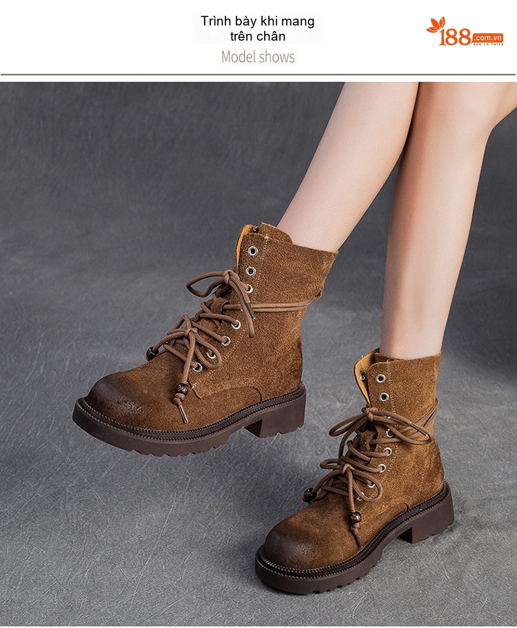 Boot Martin Nữ Da Mờ Cổ Cao Buộc Dây Chiều Cao Đế Khoảng 3cm Màu Nâu, Vàng chi tiết 6