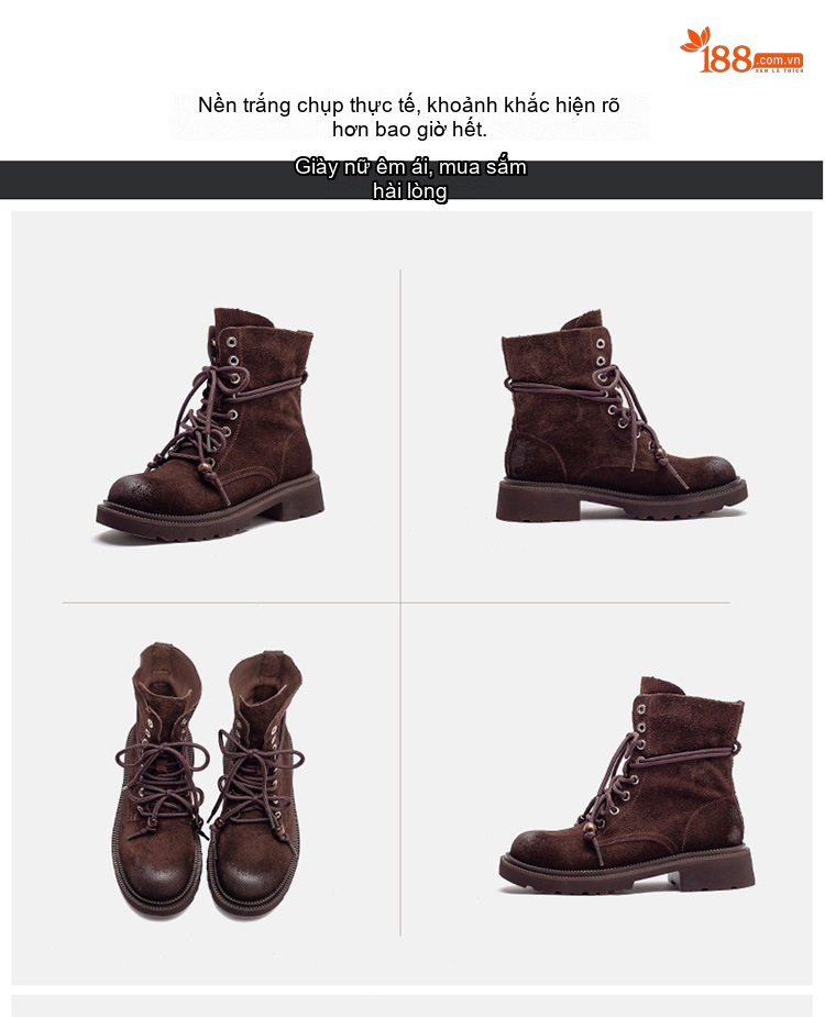 Boot Martin Nữ Da Mờ Cổ Cao Buộc Dây Chiều Cao Đế Khoảng 3cm Màu Nâu, Vàng chi tiết 15