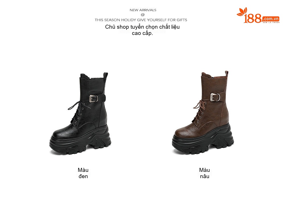 Boot Martin Nữ Da Mờ Dây Buộc Đế Cao Khoảng 12cm Phong Cách Anh Quốc Màu Đen, Nâu chi tiết 2