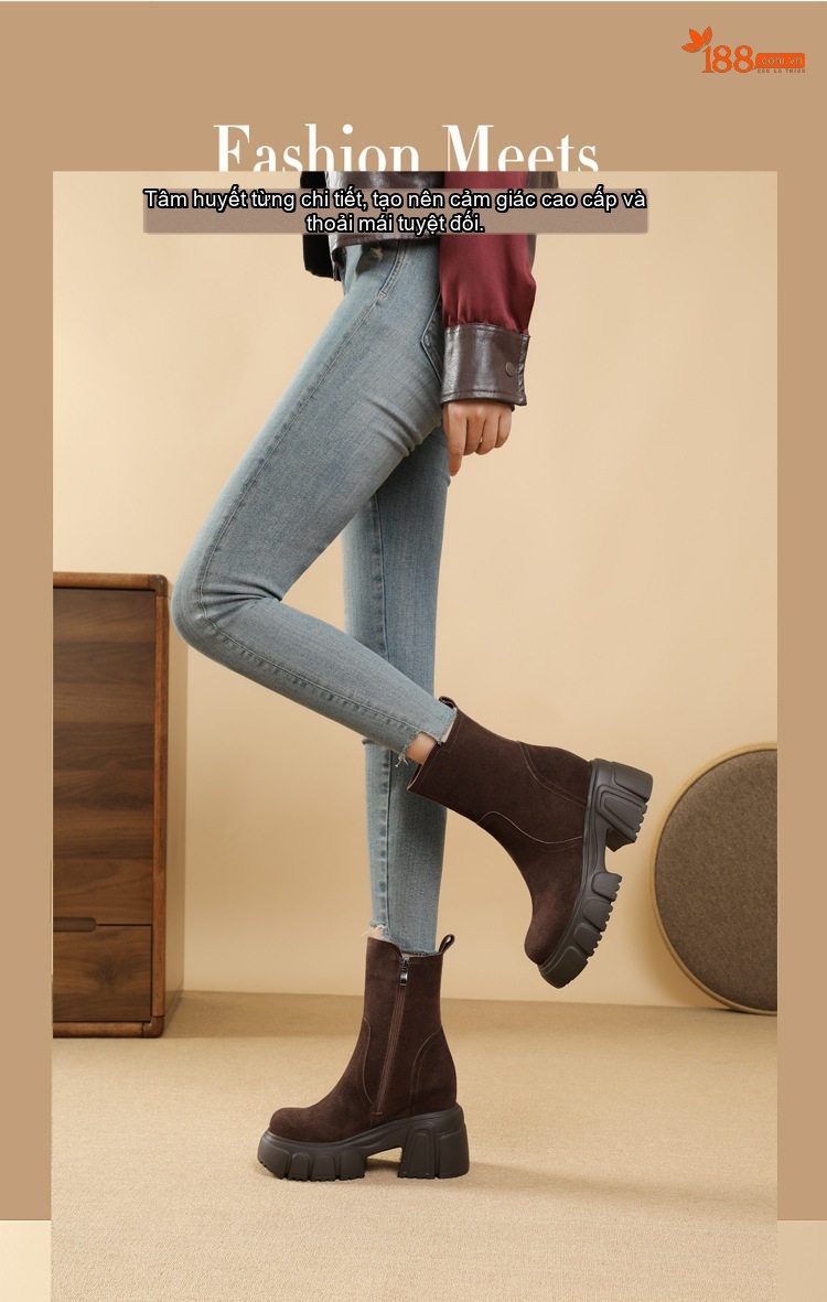 Boot Martin Nữ Da Mờ Đế Dày 10cm Khóa Kéo Bên Hông Màu Đen, Nâu chi tiết 1