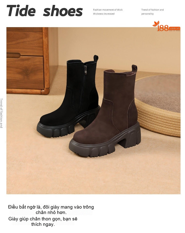 Boot Martin Nữ Da Mờ Đế Dày 10cm Khóa Kéo Bên Hông Màu Đen, Nâu chi tiết 2