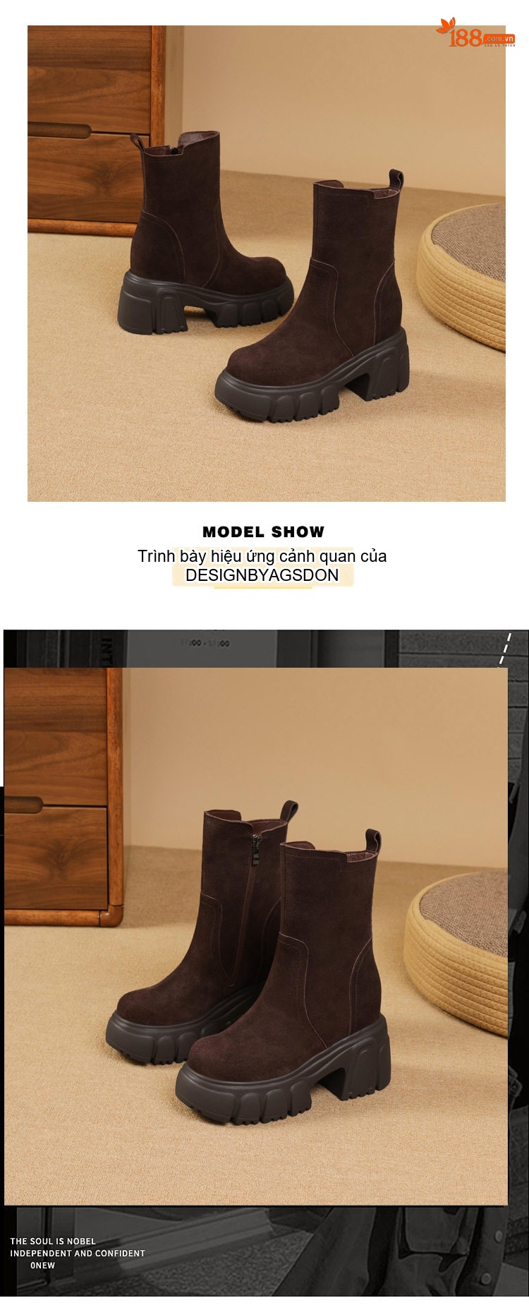 Boot Martin Nữ Da Mờ Đế Dày 10cm Khóa Kéo Bên Hông Màu Đen, Nâu chi tiết 3