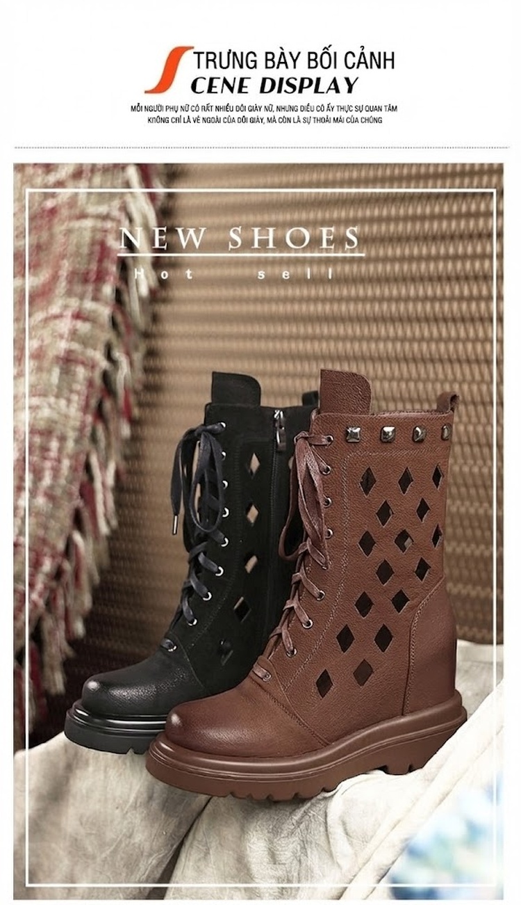 Boot Martin Nữ Da Mờ Khoét Lỗ Tăng Chiều Cao Đế Khoảng 6cm Màu Đen, Nâu chi tiết 1