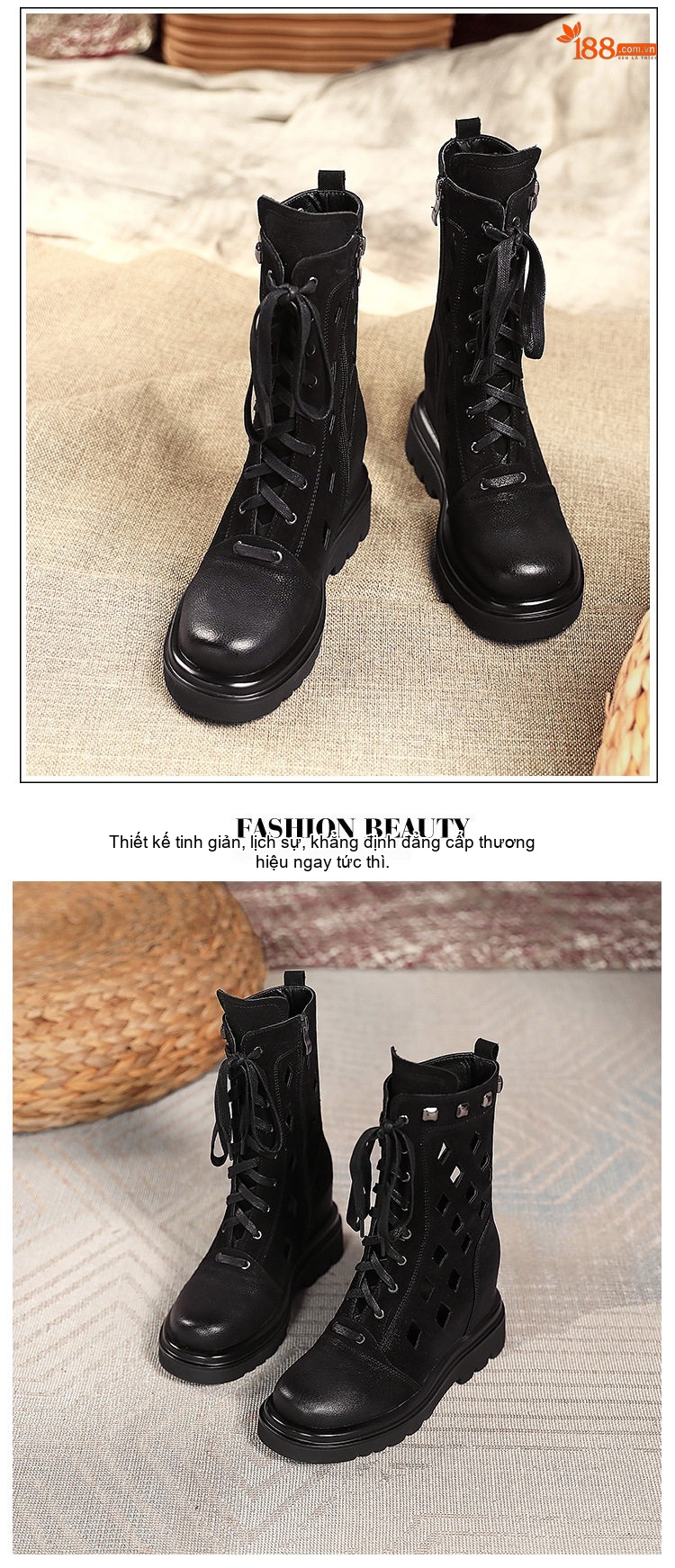 Boot Martin Nữ Da Mờ Khoét Lỗ Tăng Chiều Cao Đế Khoảng 6cm Màu Đen, Nâu chi tiết 3