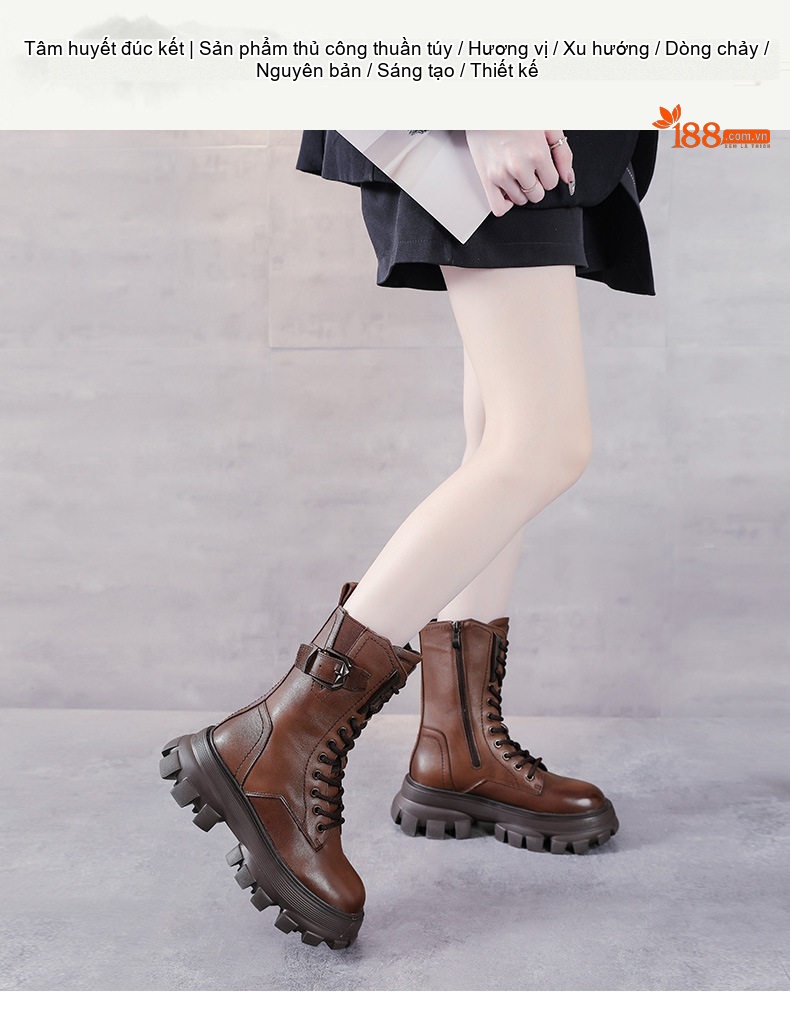 Boot Martin Nữ Da Thật Có Lót Lông Chiều Cao Đế Khoảng 5cm Màu Đen, Nâu chi tiết 1