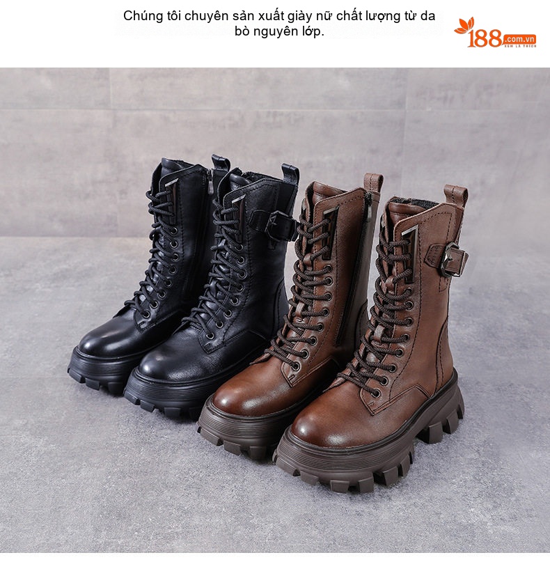 Boot Martin Nữ Da Thật Có Lót Lông Chiều Cao Đế Khoảng 5cm Màu Đen, Nâu chi tiết 2