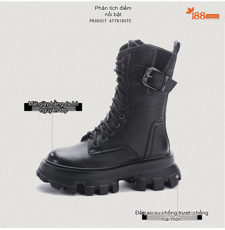 Boot Martin Nữ Da Thật Có Lót Lông Chiều Cao Đế Khoảng 5cm Màu Đen, Nâu chi tiết 3