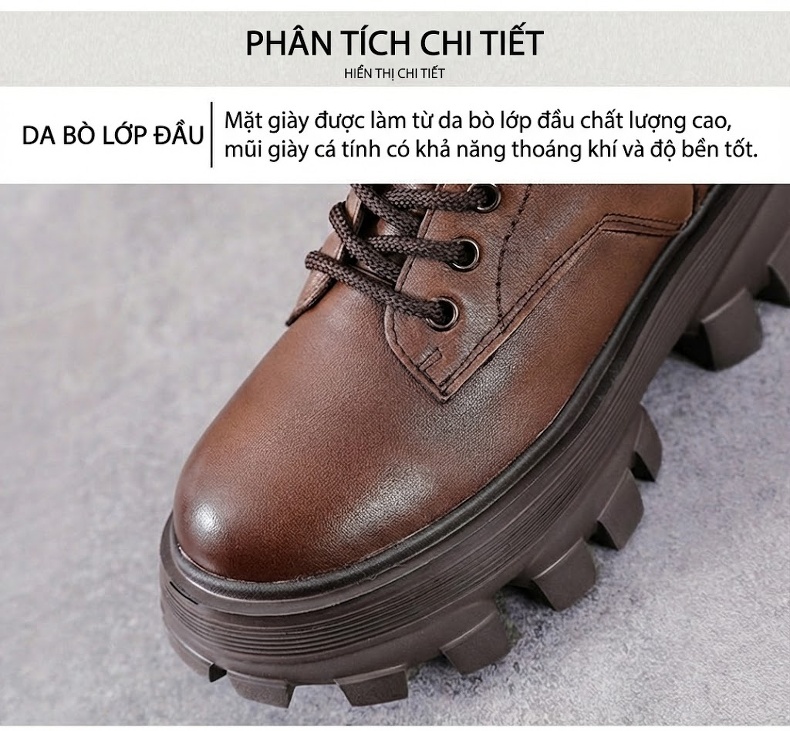 Boot Martin Nữ Da Thật Có Lót Lông Chiều Cao Đế Khoảng 5cm Màu Đen, Nâu chi tiết 4