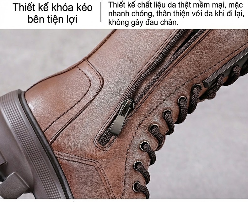 Boot Martin Nữ Da Thật Có Lót Lông Chiều Cao Đế Khoảng 5cm Màu Đen, Nâu chi tiết 6