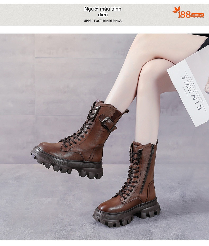 Boot Martin Nữ Da Thật Có Lót Lông Chiều Cao Đế Khoảng 5cm Màu Đen, Nâu chi tiết 9