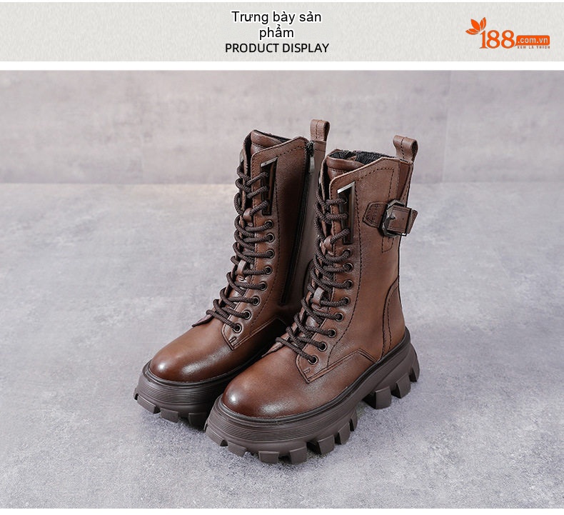 Boot Martin Nữ Da Thật Có Lót Lông Chiều Cao Đế Khoảng 5cm Màu Đen, Nâu chi tiết 10