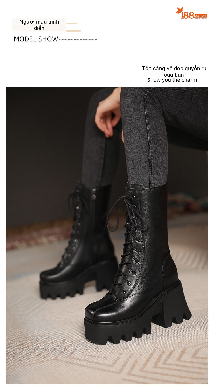 Boot Martin Nữ Da Thật Cổ Lửng Đế Dày 10cm Có Dây Buộc Phong Cách Retro Màu Nâu, Đen chi tiết 3