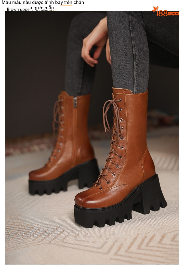 Boot Martin Nữ Da Thật Cổ Lửng Đế Dày 10cm Có Dây Buộc Phong Cách Retro Màu Nâu, Đen chi tiết 5