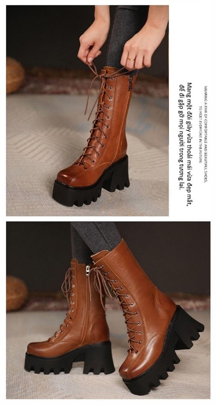 Boot Martin Nữ Da Thật Cổ Lửng Đế Dày 10cm Có Dây Buộc Phong Cách Retro Màu Nâu, Đen chi tiết 7