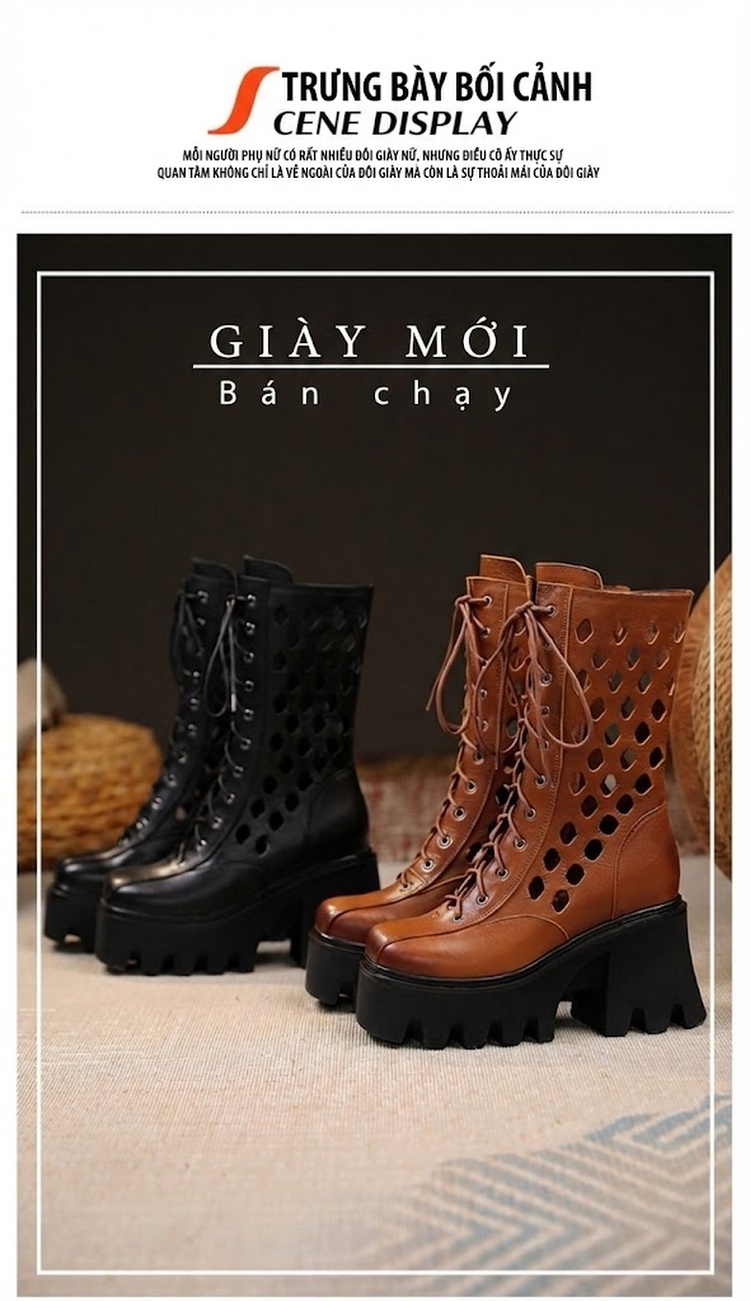 Boot Martin Nữ Da Thật Cổ Lửng Khoét Lỗ Chiều Cao Đế Khoảng 10cm Màu Nâu, Đen chi tiết 5