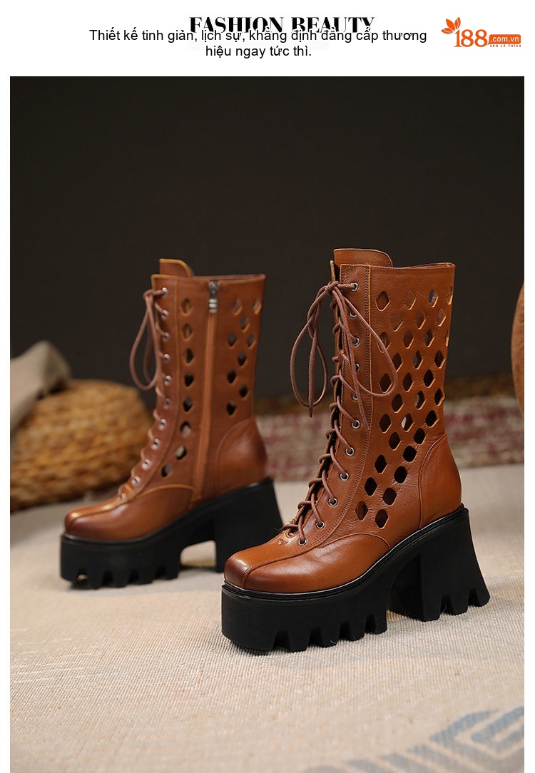 Boot Martin Nữ Da Thật Cổ Lửng Khoét Lỗ Chiều Cao Đế Khoảng 10cm Màu Nâu, Đen chi tiết 6