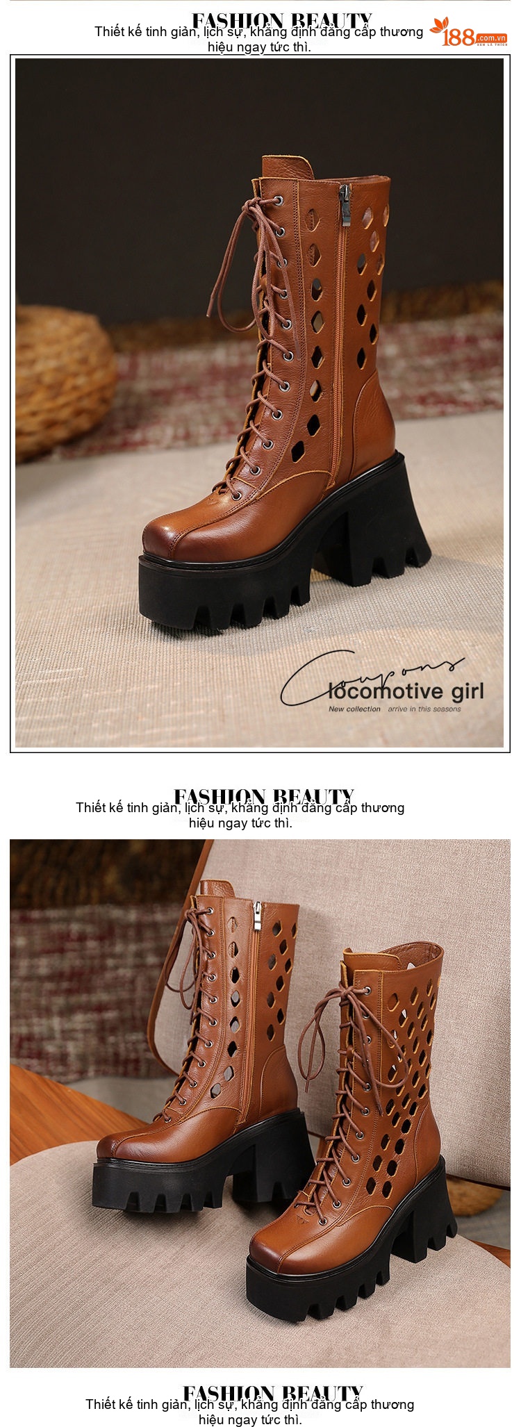 Boot Martin Nữ Da Thật Cổ Lửng Khoét Lỗ Chiều Cao Đế Khoảng 10cm Màu Nâu, Đen chi tiết 7