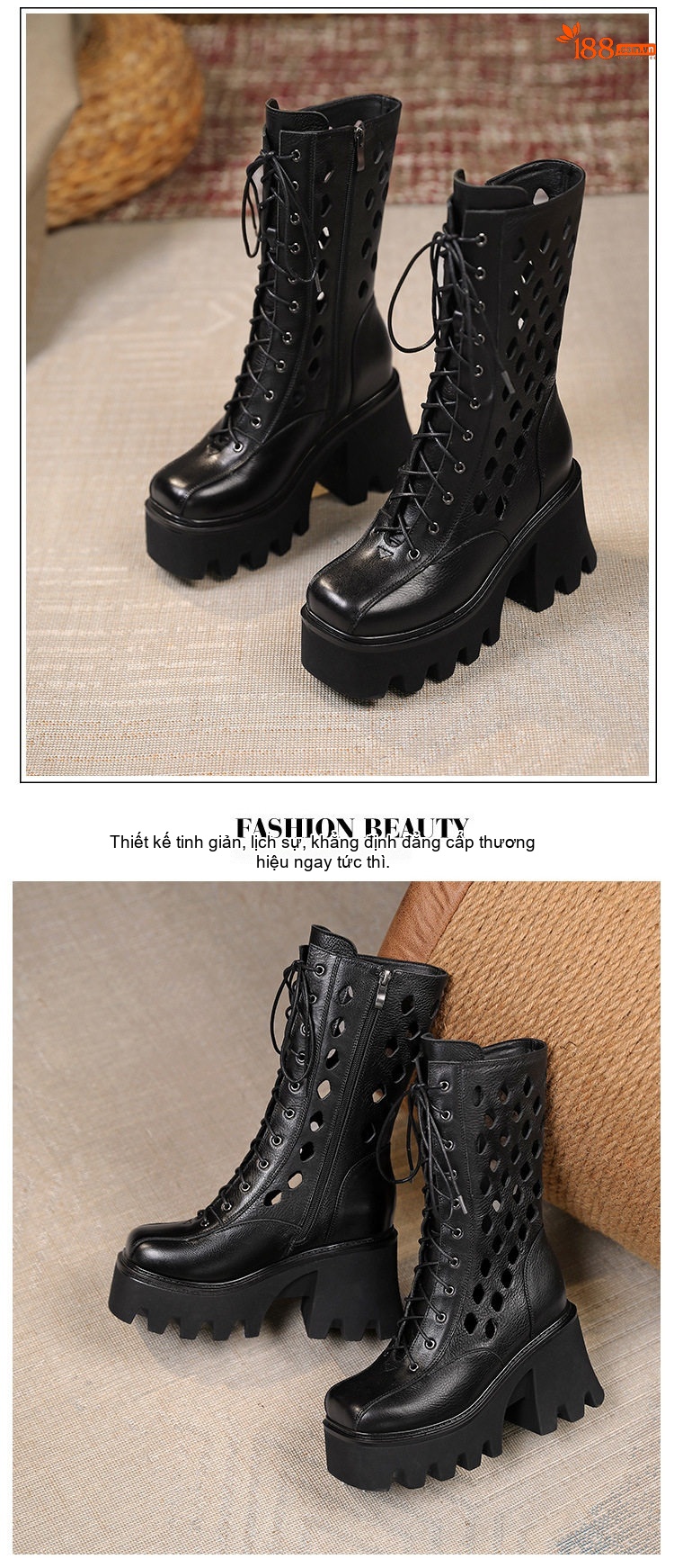 Boot Martin Nữ Da Thật Cổ Lửng Khoét Lỗ Chiều Cao Đế Khoảng 10cm Màu Nâu, Đen chi tiết 8