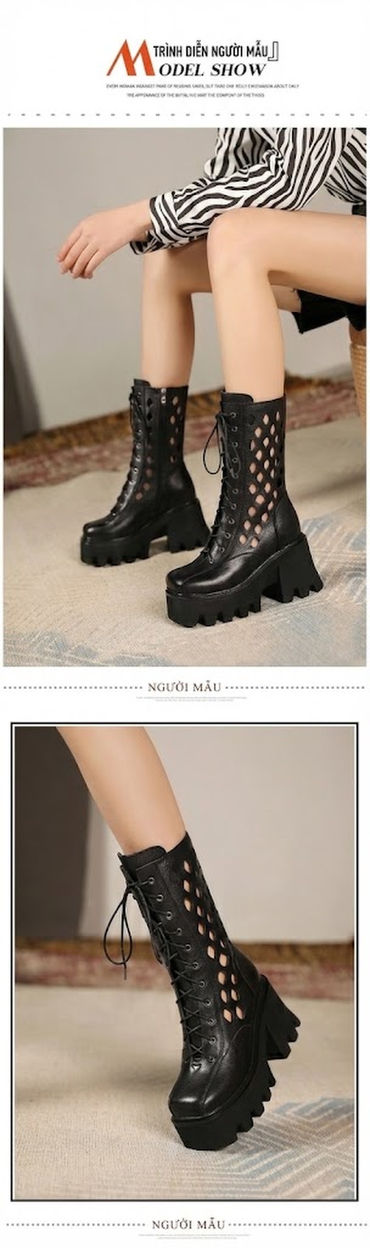 Boot Martin Nữ Da Thật Cổ Lửng Khoét Lỗ Chiều Cao Đế Khoảng 10cm Màu Nâu, Đen chi tiết 9